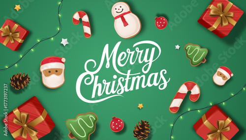 Top view flat lay Christmas composition with gifts, candy canes, cookies, and Merry Christmas text on green background illustration. Christmas Social Media Post Vector Illustration 