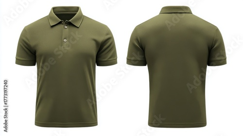 olive green collared polo shirt, front and back view, earthy tone, isolated on a white background