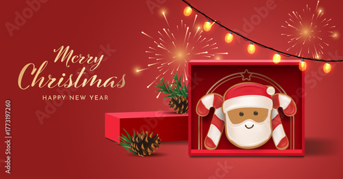 Santa face inside red gift box surrounded by fairy lights and fireworks for a joyful Merry Christmas and New Year greeting.