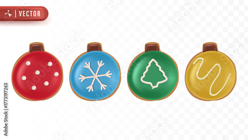 Cute Christmas ornament cookies decorated with colorful icing designs shaped like baubles for festive bakery illustration concept.