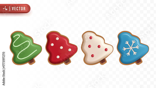 Delicious Christmas tree-shaped cookies with colorful icing decoration representing sweet homemade treats for festive holiday celebration. Gingerbread cookie. 3D christmas element