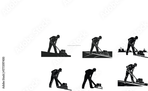 Construction worker operating floor compactor machine, industrial labor silhouette illustration, asphalt pavement worker, civil engineering concept, vector design