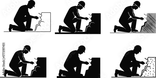 Construction worker repairing wall crack, industrial labor silhouette illustration, plastering, maintenance, building renovation concept, civil engineering vector art