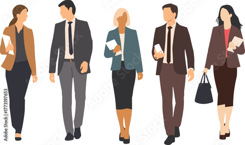 Group of business people walking together in formal office wear, teamwork and corporate success concept, professional communication illustration