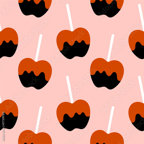 Simple caramel apple hand drawn Halloween seamless pattern on pink background. Vector wallpaper illustration repeat design for fabric print, sticker, cover, wrapping.