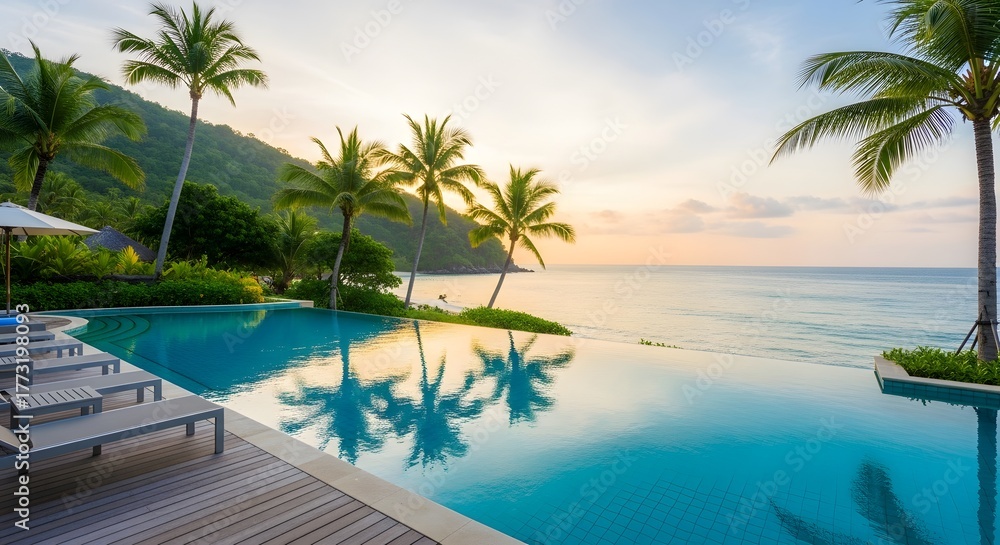 Fototapeta premium Idyllic tropical resort with infinity pool overlooking the ocean at sunset, palm trees and lounge chairs