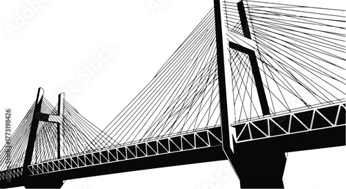 Suspension bridge architecture structure vector line art illustration.