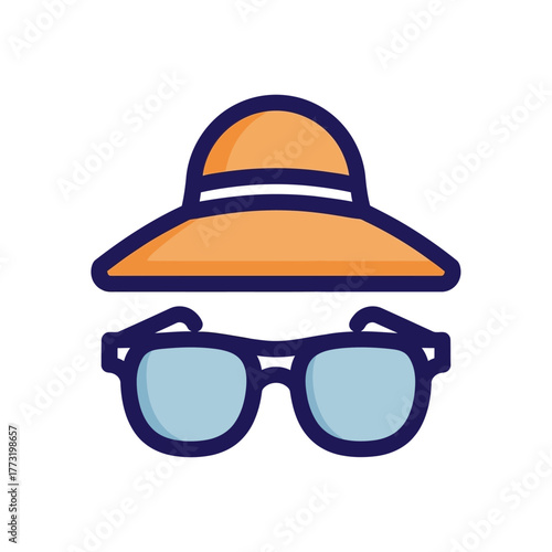 Illustration Vector of Summer Hat and Sunglasses in Modern Flat Style Orange and Blue Colors