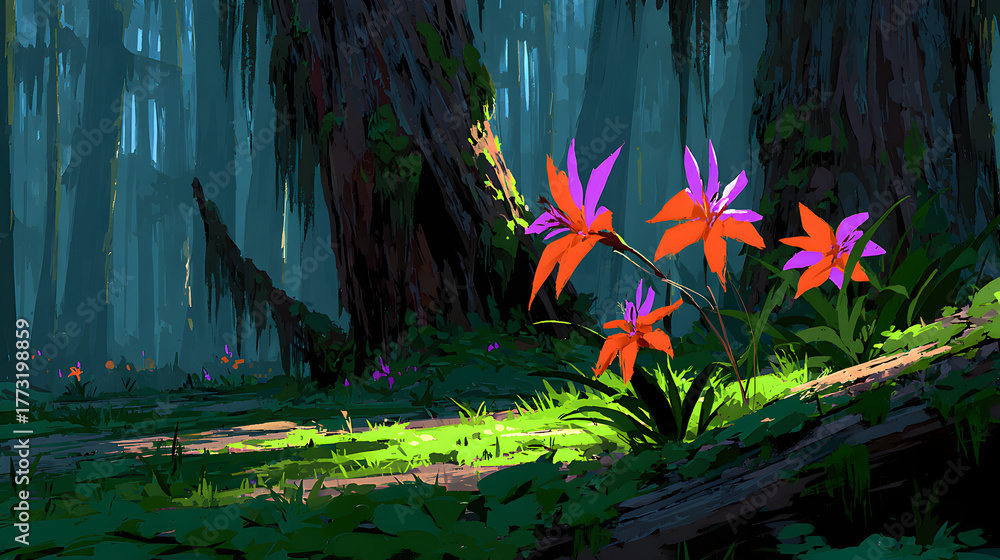 Fototapeta premium Enchanted Forest Glade with Vibrant Flowers and Sunlit Clearing.