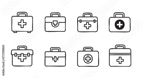 First aid kit illustrations in simple line art style on white background