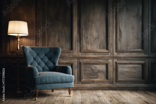 A classic upholstered armchair sits beside a tall lamp on a wooden floor.