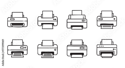 Four printer icons in black and white with varying paper positions