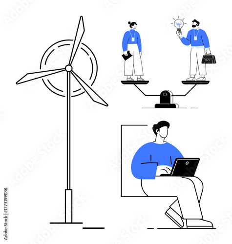 Wind turbine with professionals exchanging a lightbulb idea, balanced perspective on scales and a person on a laptop. Ideal for sustainable energy, teamwork, balance, innovation, eco solutions