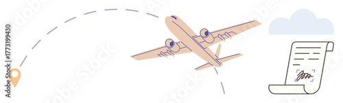 Airplane flying through the sky towards destination pin, signed travel agreement depicted with dashed flight path. Ideal for travel, logistics, planning, transportation, tourism, agreements