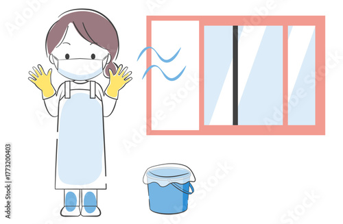 消毒作業のため窓を開けて換気し、手袋とマスクとエプロンを着用して準備している女性のイラスト