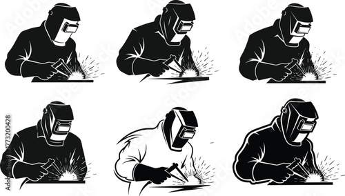 Collection of welder silhouettes with protective masks working with sparks, industrial welding illustration for engineering, metalwork, and fabrication design