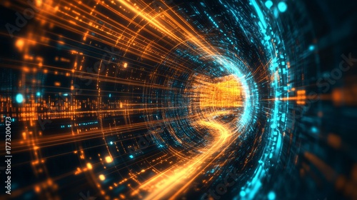Experience the thrill of data transfer through a vibrant, high-speed digital tunnel in stunning blue and orange hues for a futuristic tech feel