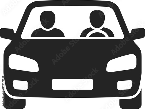 Front view car icon with two passengers, black and white transportation symbol for carpool, commute, travel app, or signage use.
