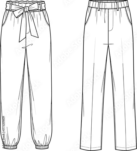 Casual pants and tailored trousers technical fashion sketch, front view, garment construction detail, vector template, cad drawing flat vector illustration
