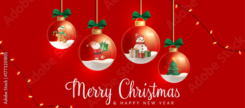 Red Christmas background with shiny hanging ornaments and fairy lights creating a festive Merry Christmas and Happy New Year celebration. Christmas Social Media Post Design