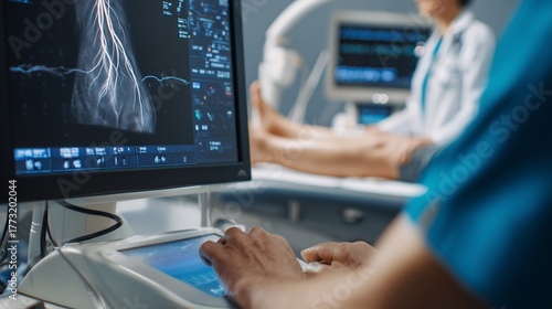 Vascular doctor performing ultrasound examination of patient's legs, medical diagnostic procedure