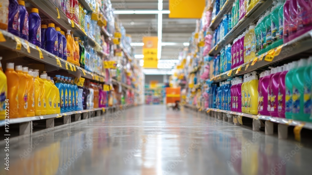 Naklejka premium Aisle of Household Cleaning Products in a Spacious Retail Environment