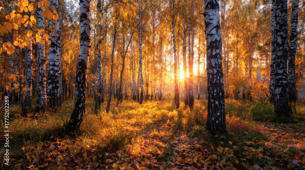 Fototapeta premium Golden Autumn Light Through Slender Birch Trees in Forest