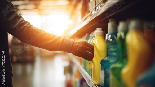 Man Selecting Cleaning Products in Supermarket Aisle at Sunset