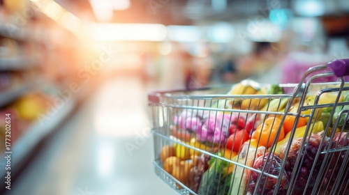 Colorful Groceries in a Shopping Cart at the Grocery Store