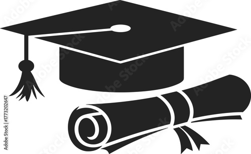 Graduation cap and diploma scroll black silhouette vector illustration representing academic achievement, education success, university ceremony, and higher learning concept.
