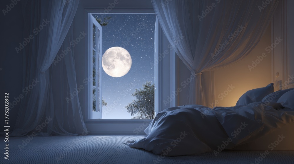 Obraz premium Serene Bedroom View at Night with Full Moon Through Open Window