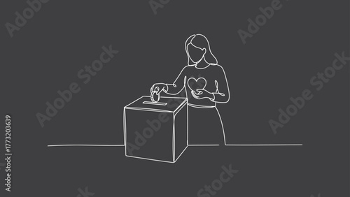 Female voter casting ballot with a heart symbol, representing civic duty and compassionate participation in elections