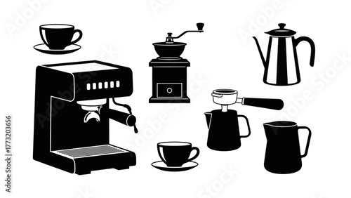 Collection of black silhouette icons featuring essential barista tools for coffee preparation