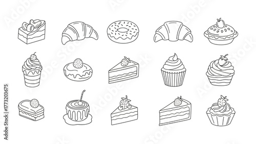 Variety of delectable dessert and pastry line art icons, perfect for bakery menus and sweet treat designs