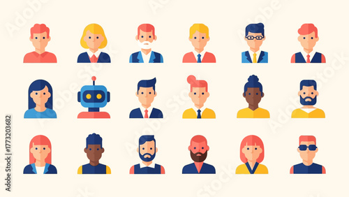 Diverse Faces Colorful Flat Vector Set of People Icons and Robot Head on Beige Background