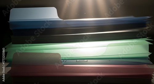Close-up of stacked colorful file folders, illuminated, with dramatic lighting