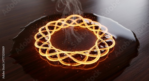 Glowing looped pattern levitates above spilled, steaming liquid on a dark wooden surface