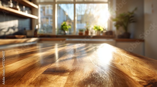 Bright and Empty Wooden Surface in Modern Kitchen with Sunlight