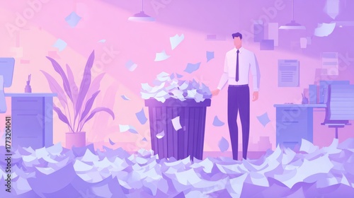 Businessman Discarding Paper in Modern Office with Flat Design