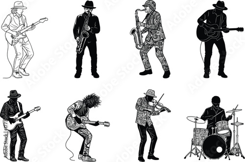 Stylized black and white vector illustration of diverse musicians performing with instruments like guitar, saxophone, violin, and drums on stage
