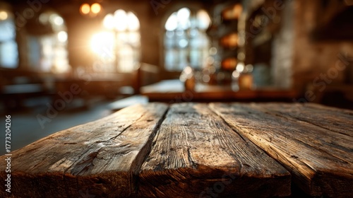 Rustic Wooden Table in Cozy Medieval Tavern with Soft Lighting