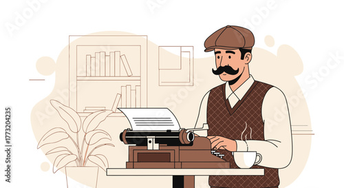 Classic Author Typing on a Vintage Typewriter in a Cozy Literary Ambience