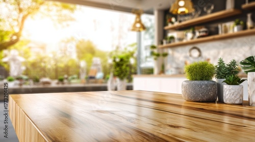Modern Wooden Tabletop in Bright Kitchen Interior with Plants