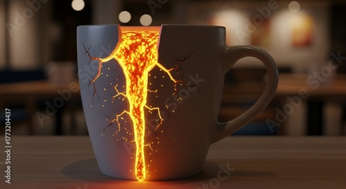 Conceptual image of a white cup cracked with flowing magma, on a wooden table