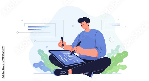 Creative Designer Working Using Digital Tablet, Focused Young Man Vector Illustration