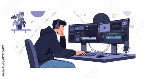 Creative Professional Working On Video Editing Project With Modern Workspace And Dual Monitors