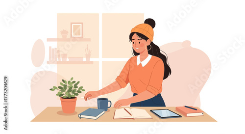 Creative Young Woman Working From Home With Her Supplies And Indoor Plant