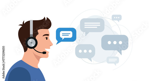 Customer Service Representative Talking Via Headset with Speech Bubbles Graphic Illustration