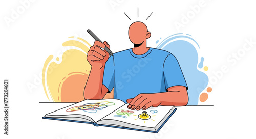 Creative Mind Illustrates New Ideas with a Pen in Colorful Conceptual Graphic Design