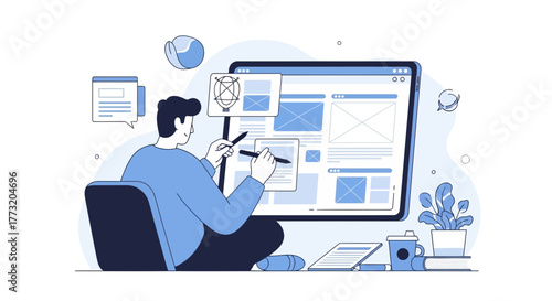 Designer Creating Web Layouts On A Tablet And Making Creative Sketches At Work